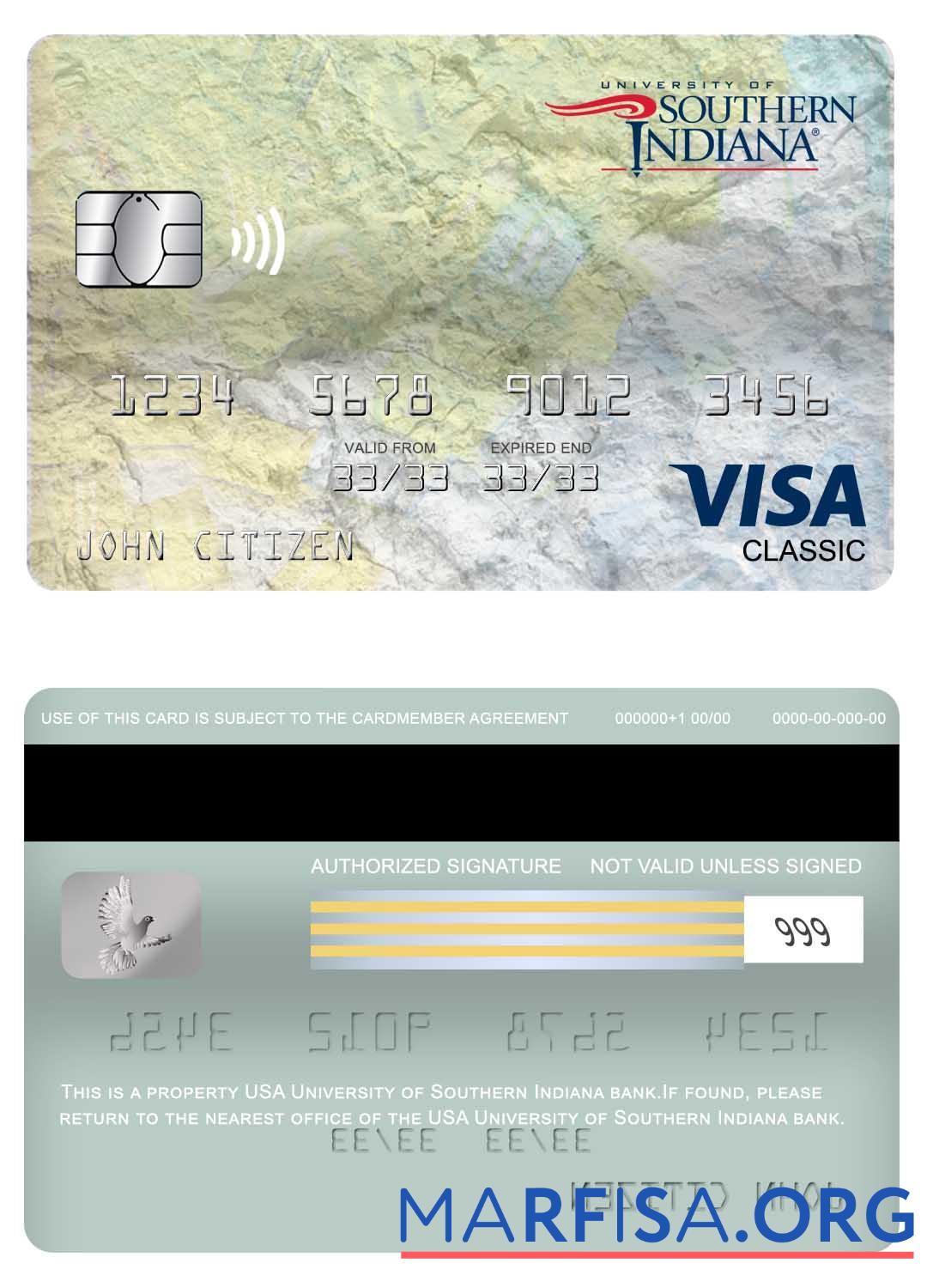 Printable USA University of Southern Indiana bank visa classic card sample